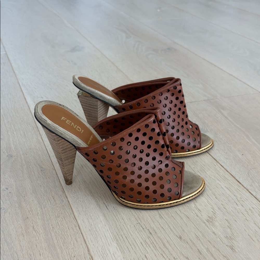 Fendi Tan Perforated Heels with Gold Accents